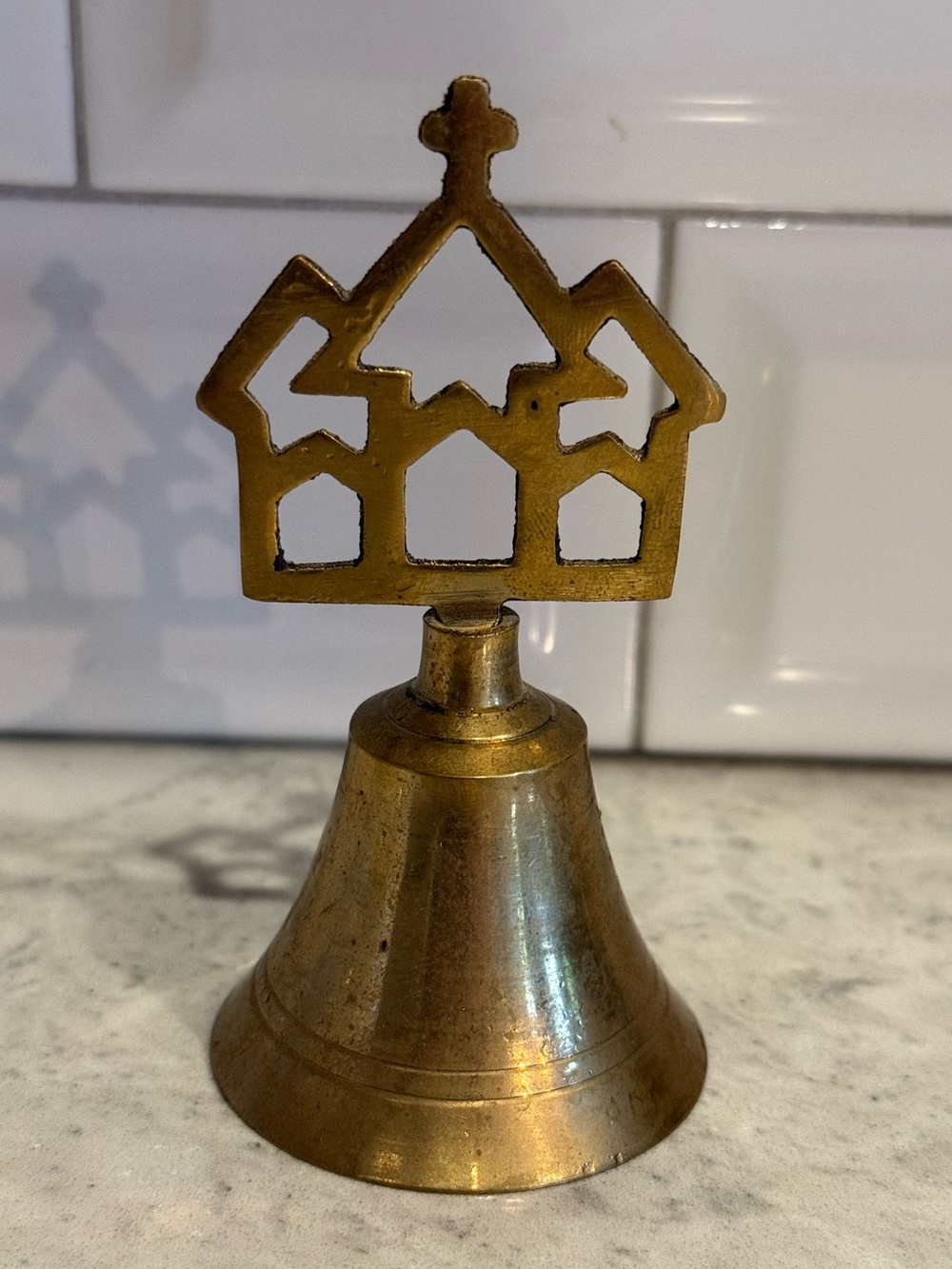 Vintage Brass Decorative Bell with Cutout Church Cross Top